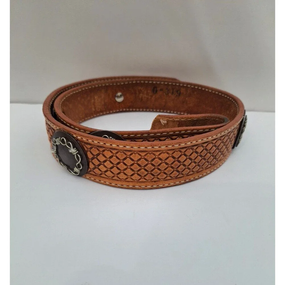 Vintage Double J Saddlery Belt Sz 34 Brown Leather Concho 90's Western No Buckle